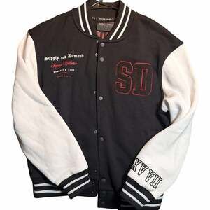 Supply and Demand Mens Sz S Embroidered Varsity Bomber Jacket in Black & White
